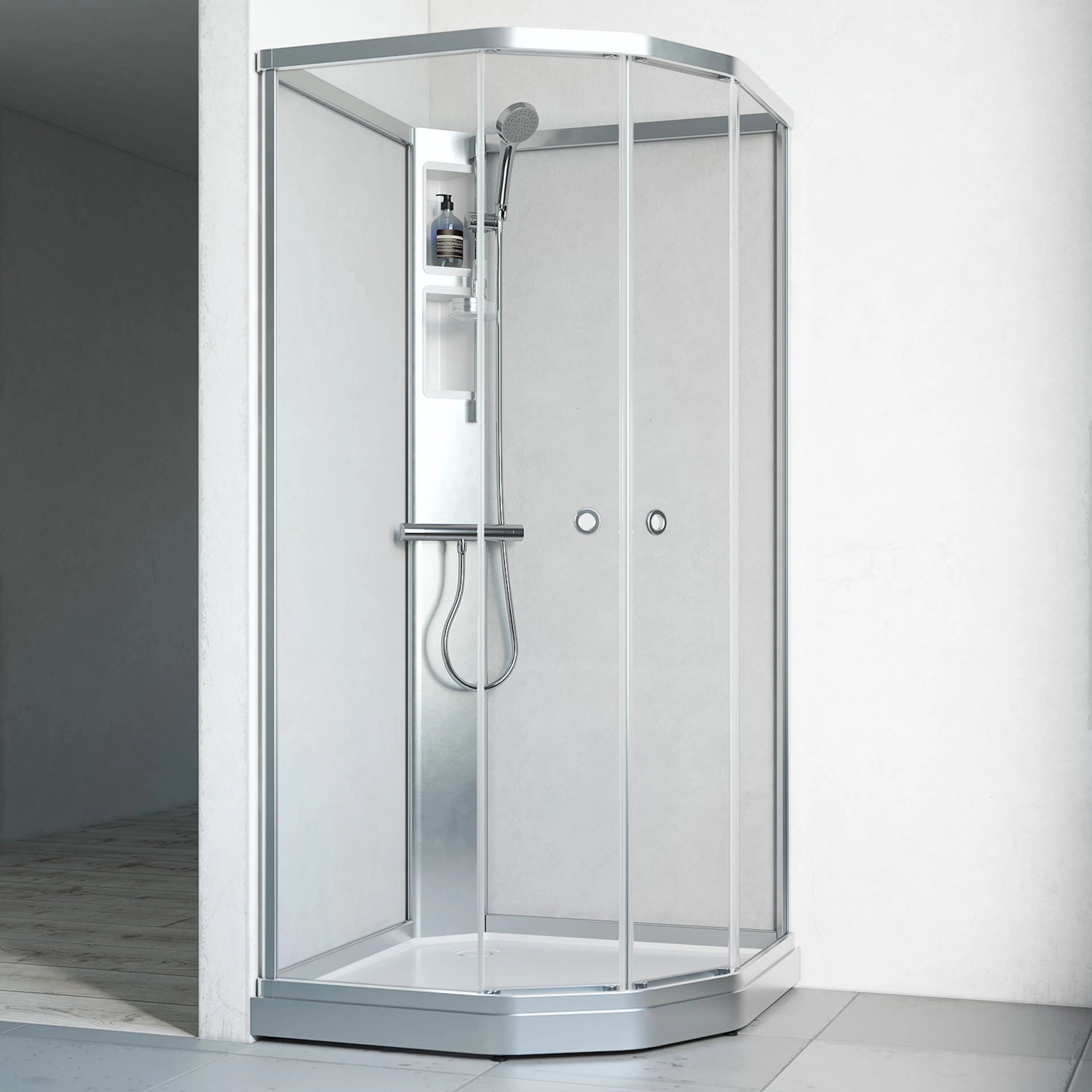 Flow kab Semi InkBl 7x9 N KL 710x910x2020 mm, Matt aluminium Profil, Klarglas