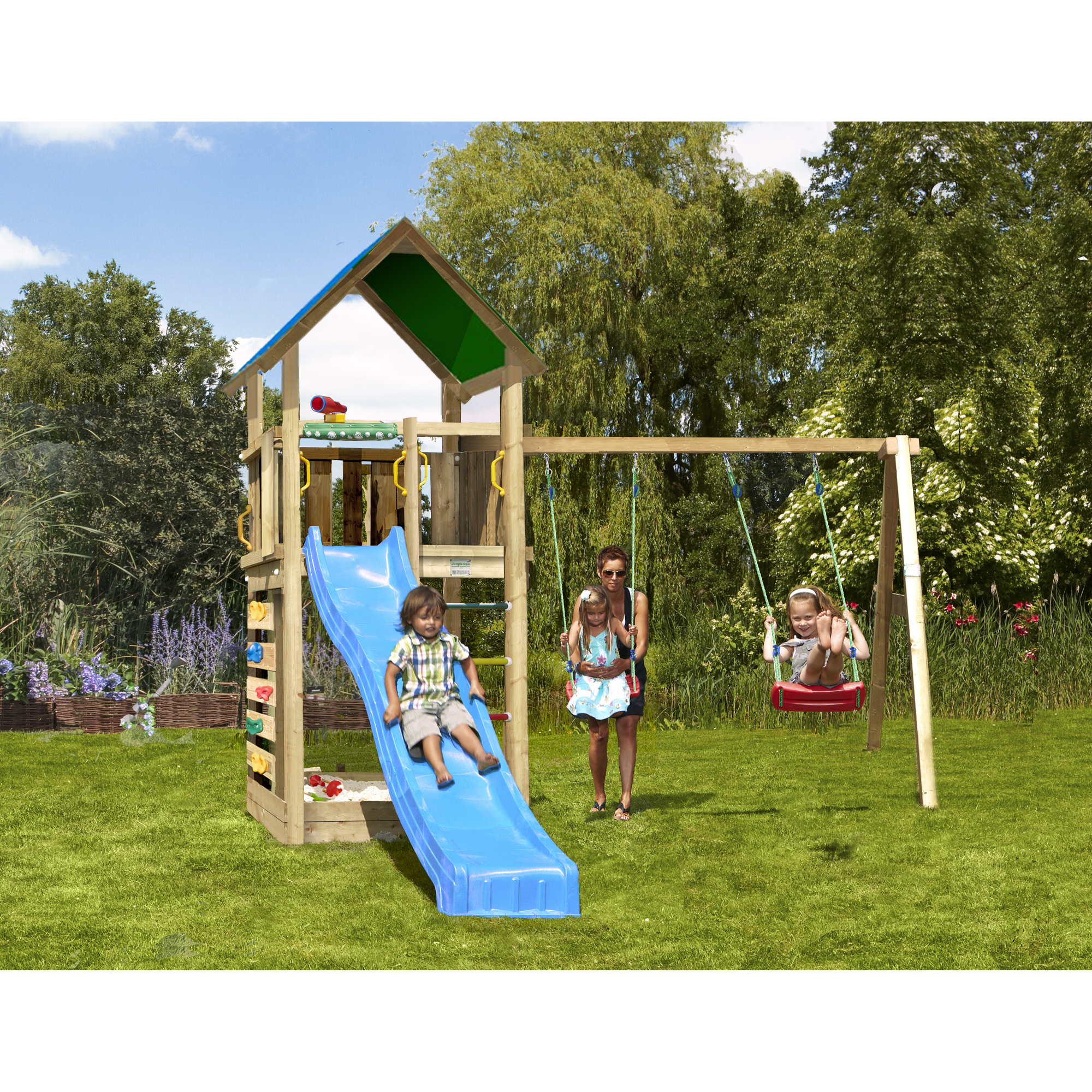Lektorn Jungle Gym Lodge 2.1 m/2 Swing Modul Med Blå Rutschkana