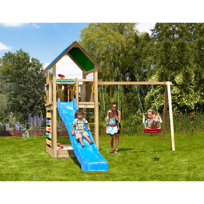 Lektorn Jungle Gym Lodge 2.1 m/2 Swing Modul Med Blå Rutschkana