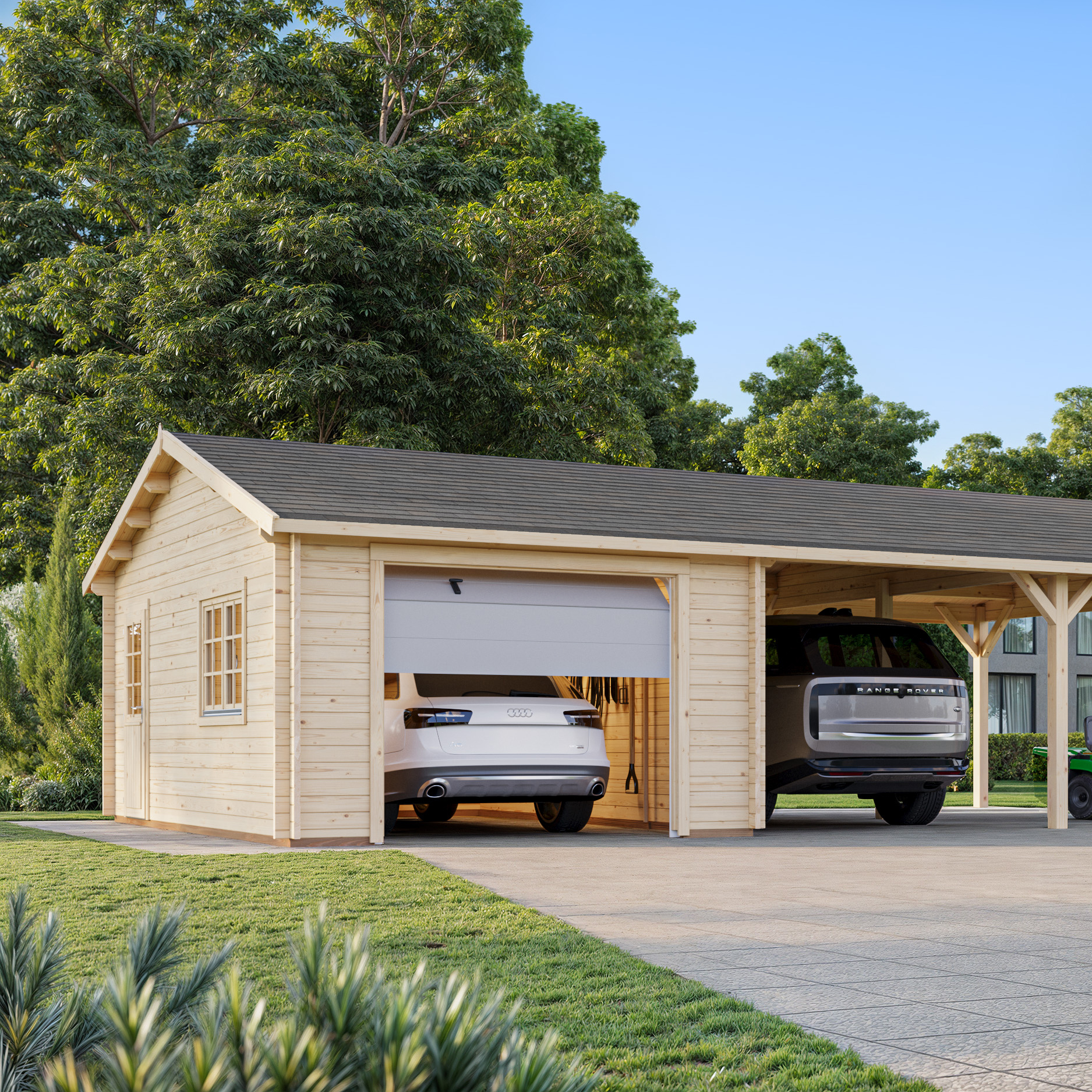 Garage Palmako Roger med Carport 53,1 m2 och Takskjutport