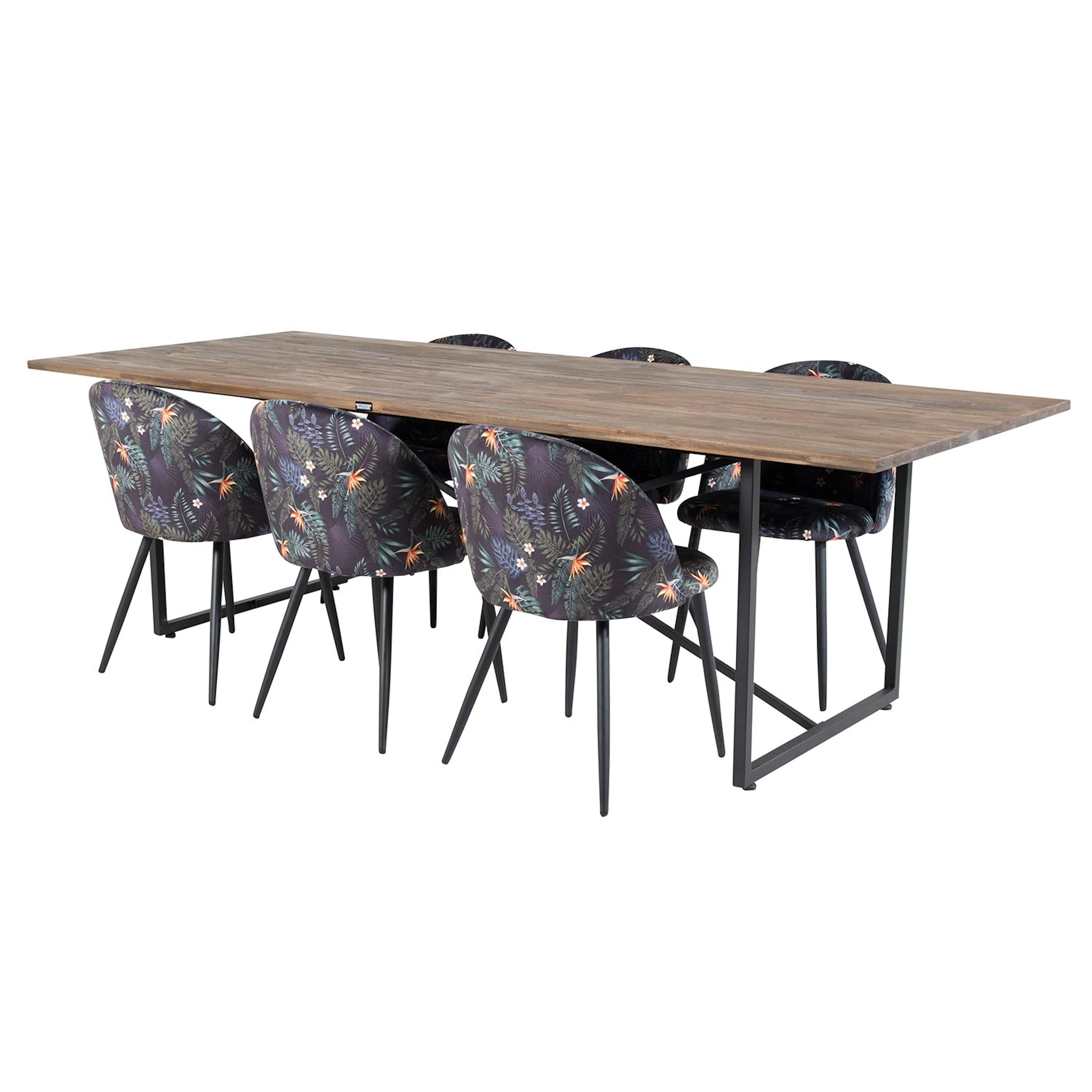 Padang Table - Dark Teak+Velvet Chair- Black Flower fabric_6 Teak/Svart/Blommönstrad
