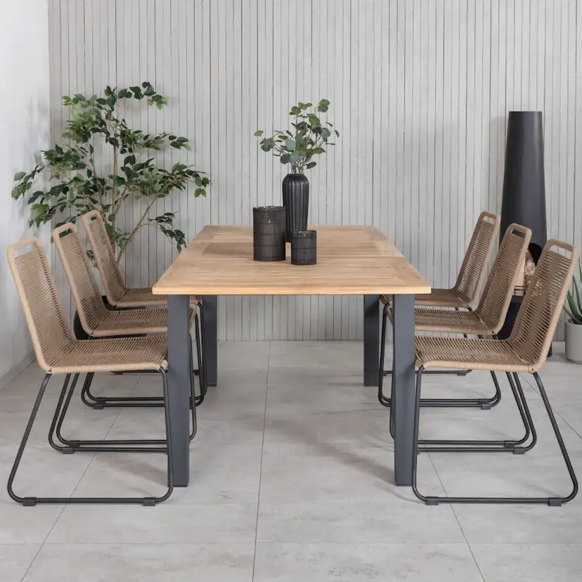 Panama Table 152/210 - Black/Teak+Lindos Stacking Chair - Bl Latte