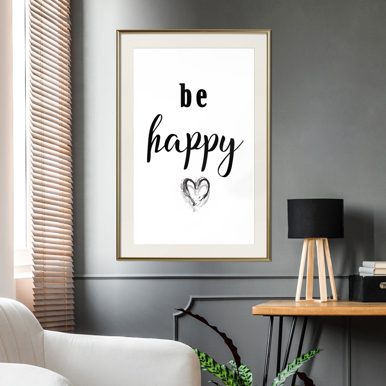 Affisch - Be Happy [Poster] 40x60 Guld ram med passepartout, 40x60 cm