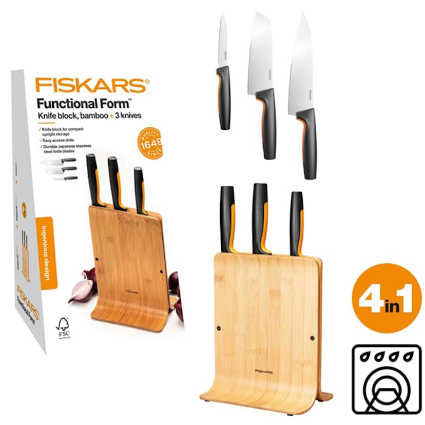 Knivblock Fiskars Functional Form i Miljövänligt Bambu Inkl 3 Proffessionella Knivar