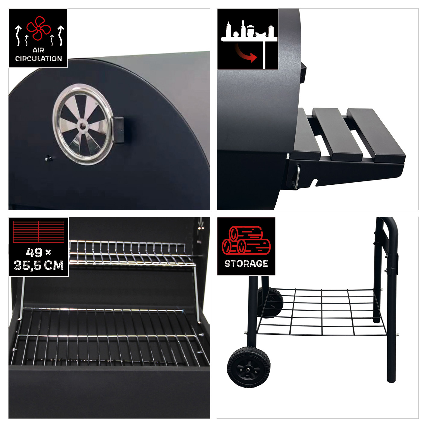 Kolgrill Landmann Grilltunna 550 Stål med Sidobord och Termometer