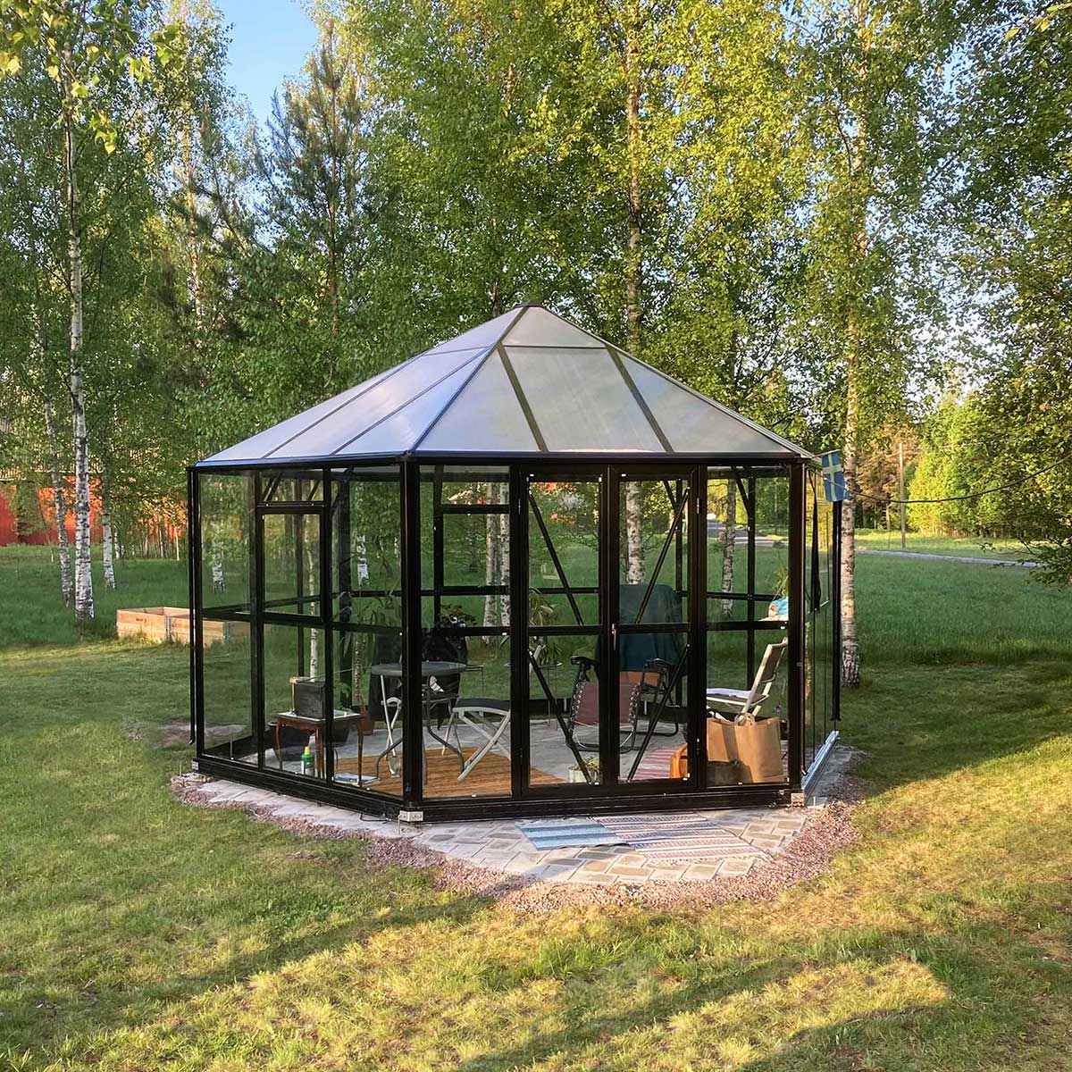 Växthus/Orangeri Metalcraft Hexagon Svart Aluminiumstomme med UV-Skyddat & Härdat Säkerhetsglas, 12,6 m²