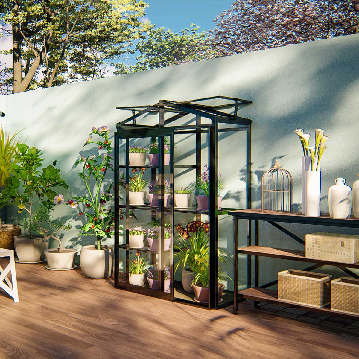 Växthus Metalcraft Svart Rektangulär Odlingsvitrin mot Vägg med Säkerhetsglas, 111x61x170 cm