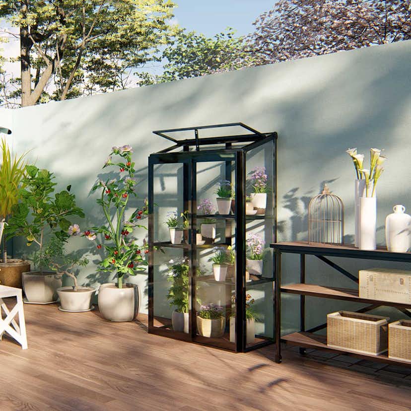 Växthus Metalcraft Svart Rektangulär Odlingsvitrin mot Vägg med Säkerhetsglas, 91x51x157 cm