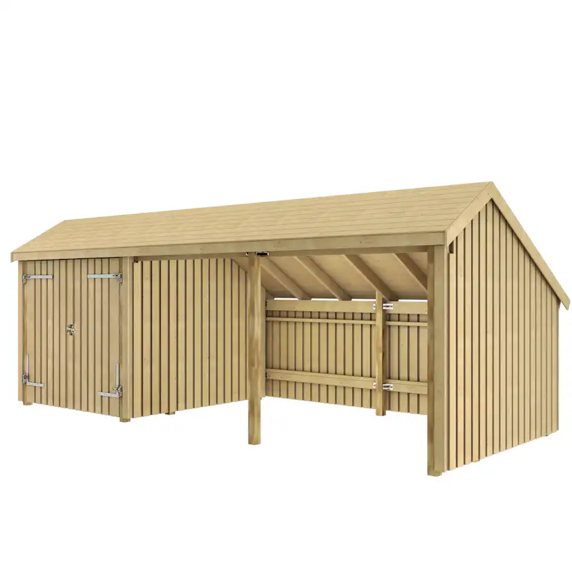 Multi Trädgårdshus 15,5 m² - 3 moduler med dubbeldörr och öppen framsida