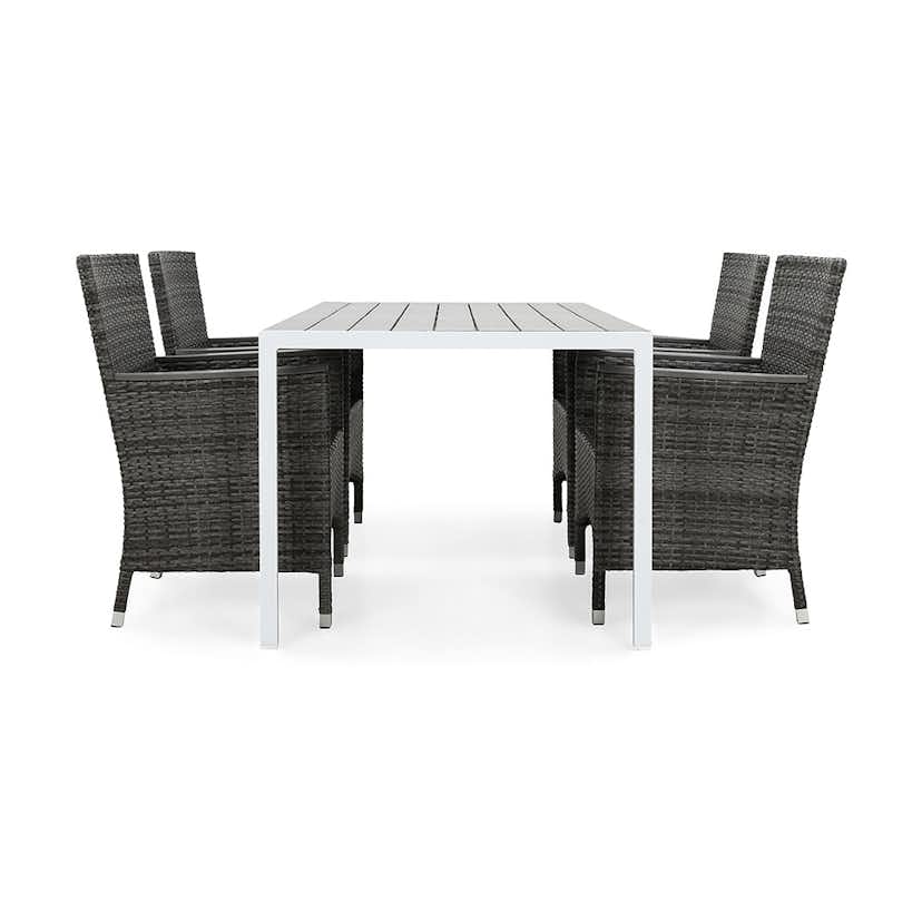 Matgrupp Utomhus deNoord Tunis 150x90 cm med 4 Thor Utefåtöljer Lyx med Armstöd