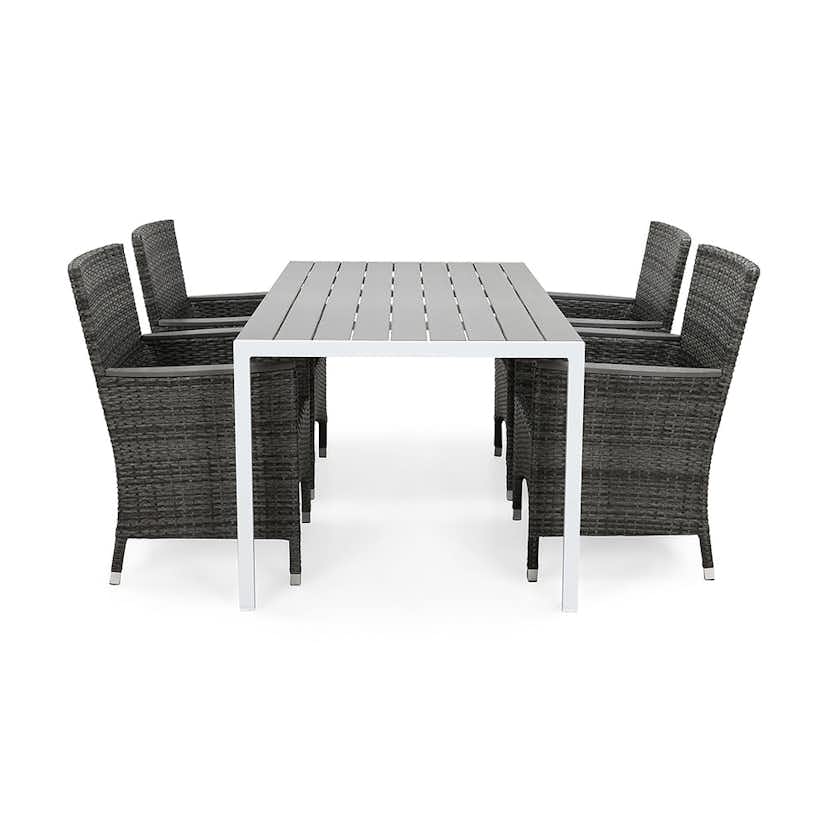 Matgrupp Utomhus deNoord Tunis 150x90 cm med 4 Thor Utefåtöljer Lyx med Armstöd