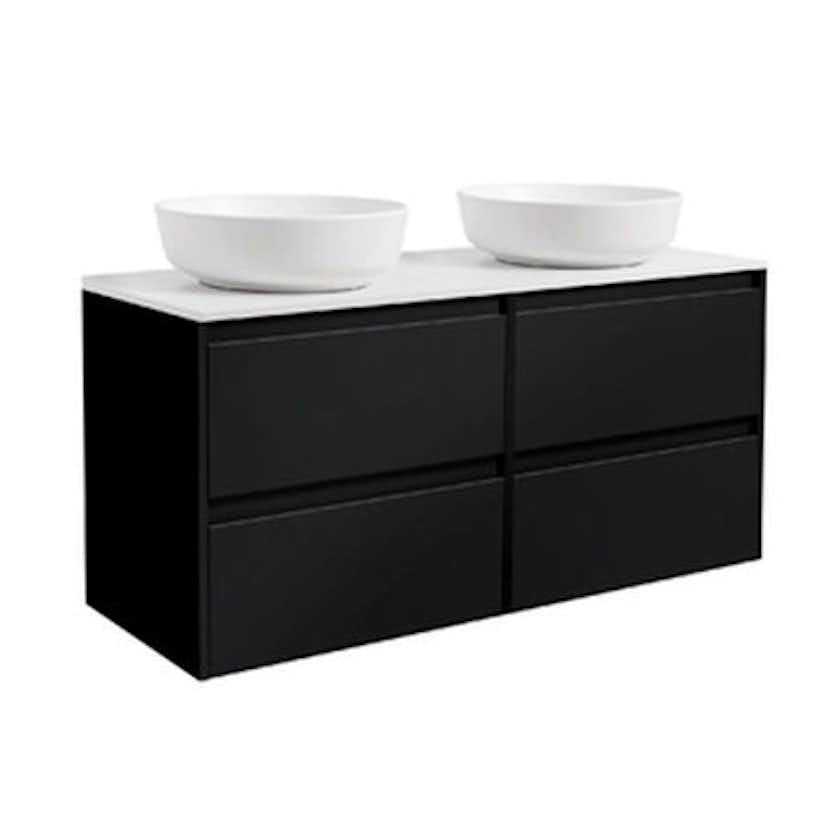 Tvättställsskåp Alterna Luxor 120 Dubbelt med Bänkskiva Kvartskomposit och Runt Tvättställ