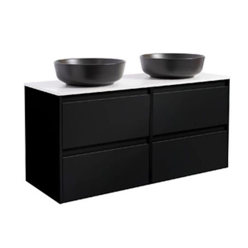 Tvättställsskåp Alterna Luxor 120 Dubbelt med Bänkskiva Kvartskomposit och Runt Tvättställ