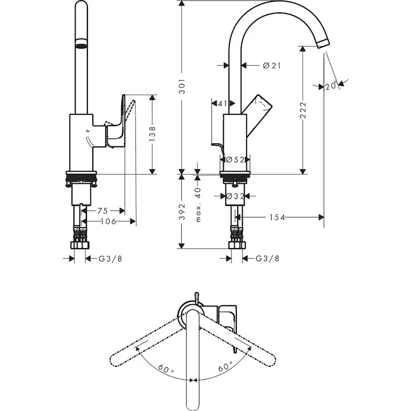 Tvättställsblandare Hansgrohe Rebris E 1-grepps 210 med Svängbar Pip och Lyftventil