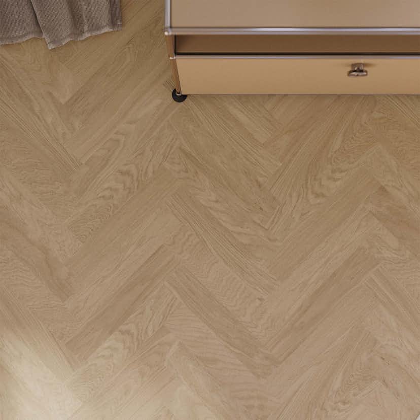 Trägolv Bjelin Härdad Ek Sigtuna Classic Fiskben Misty White