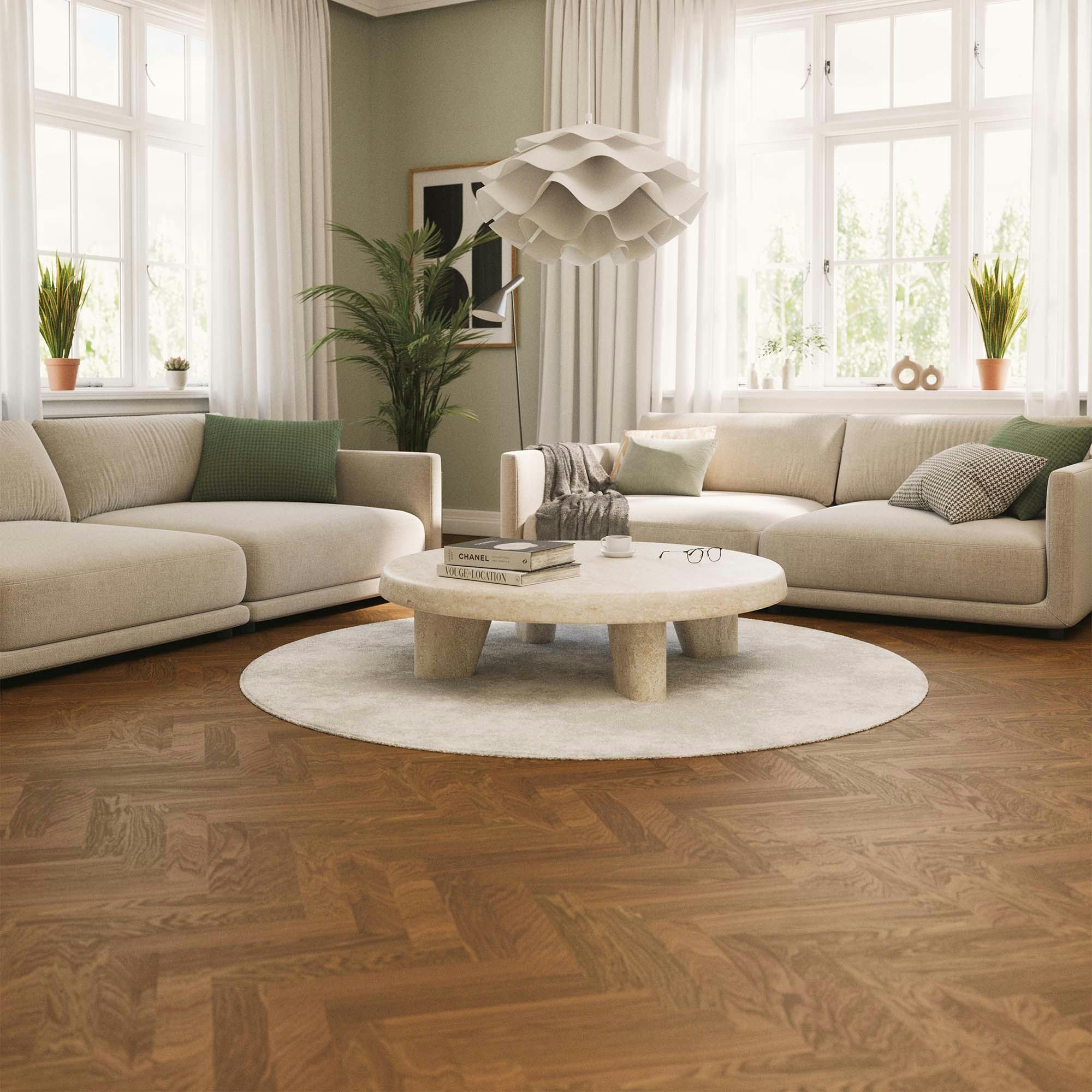 Trägolv Bjelin Härdad Ek Sandviken Classic Fiskben Terra Brown