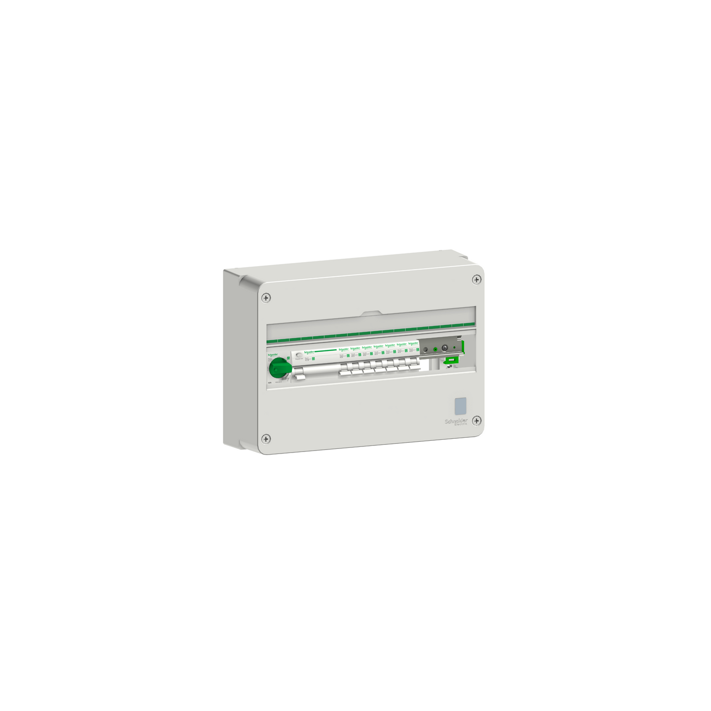 Normcentral Schneider Electric Förmonterad 1 kapsling, 3P huvudbrytare, 4P JFB, 7x1P MCB 10 och 16A, faskena 12 moduler