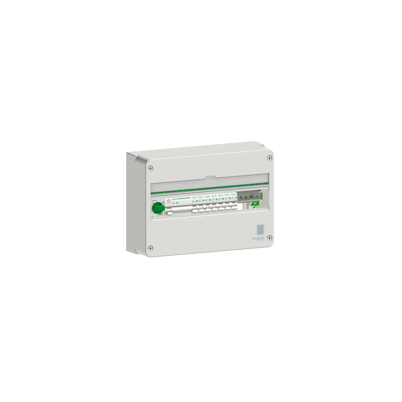 Normcentral Schneider Electric Förmonterad 1 kapsling, 3P huvudbrytare, 4P JFB, 7x1P MCB 10 och 16A, faskena 12 moduler