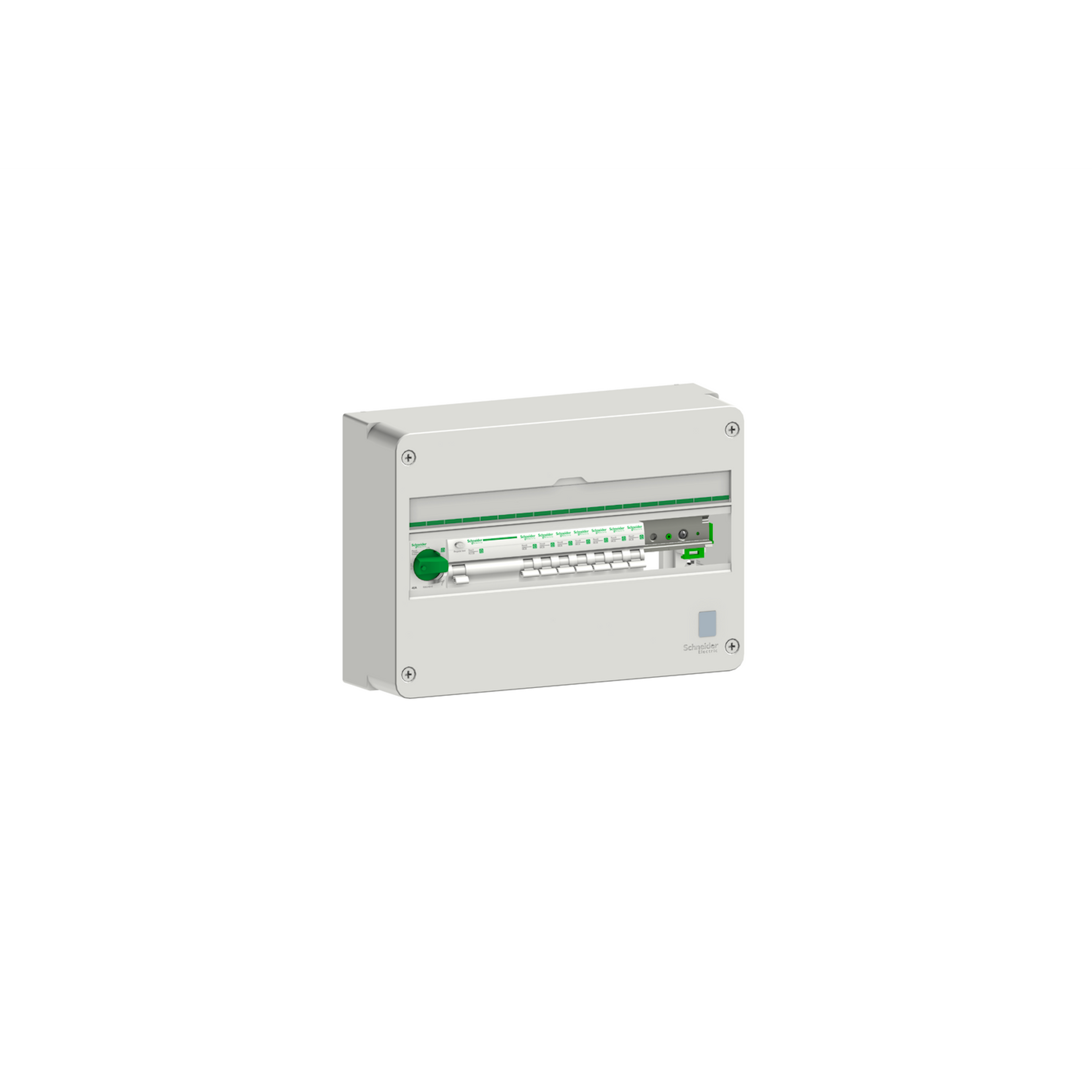 Normcentral Schneider Electric Förmonterad 1 kapsling, 3P huvudbrytare, 4P JFB, 7x1P MCB 10 och 16A, faskena 12 moduler