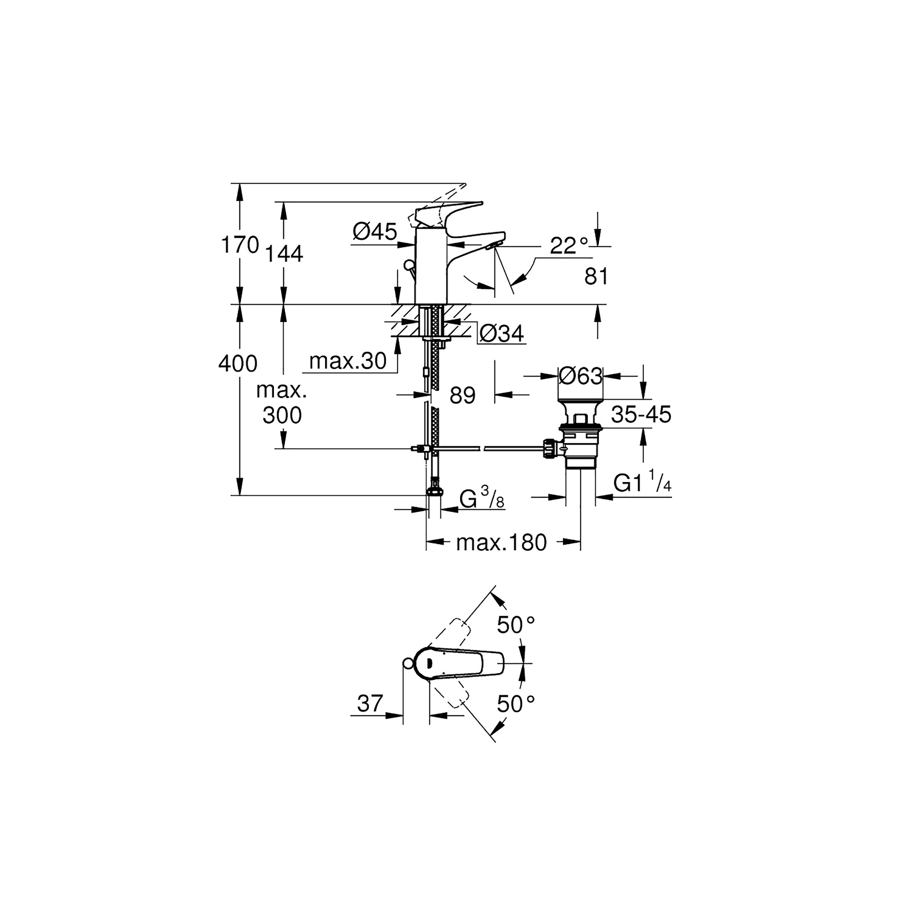 Tvättställsblandare Grohe BauFlow 23751 med Lyftventil