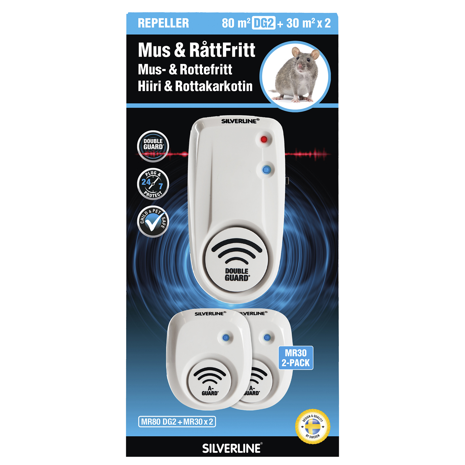 Skadedjursbekämpning Silverline Mus- & Rått Avskräckande MR80 DG2+MR30x2 Ultraljud A-Guard & Electro Pulse