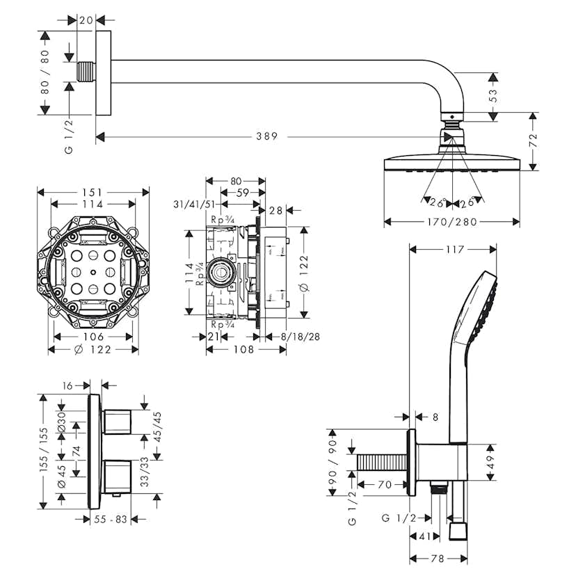 Takduschset Hansgrohe Croma E 280 Ecostat E för Inbyggnad 1jet