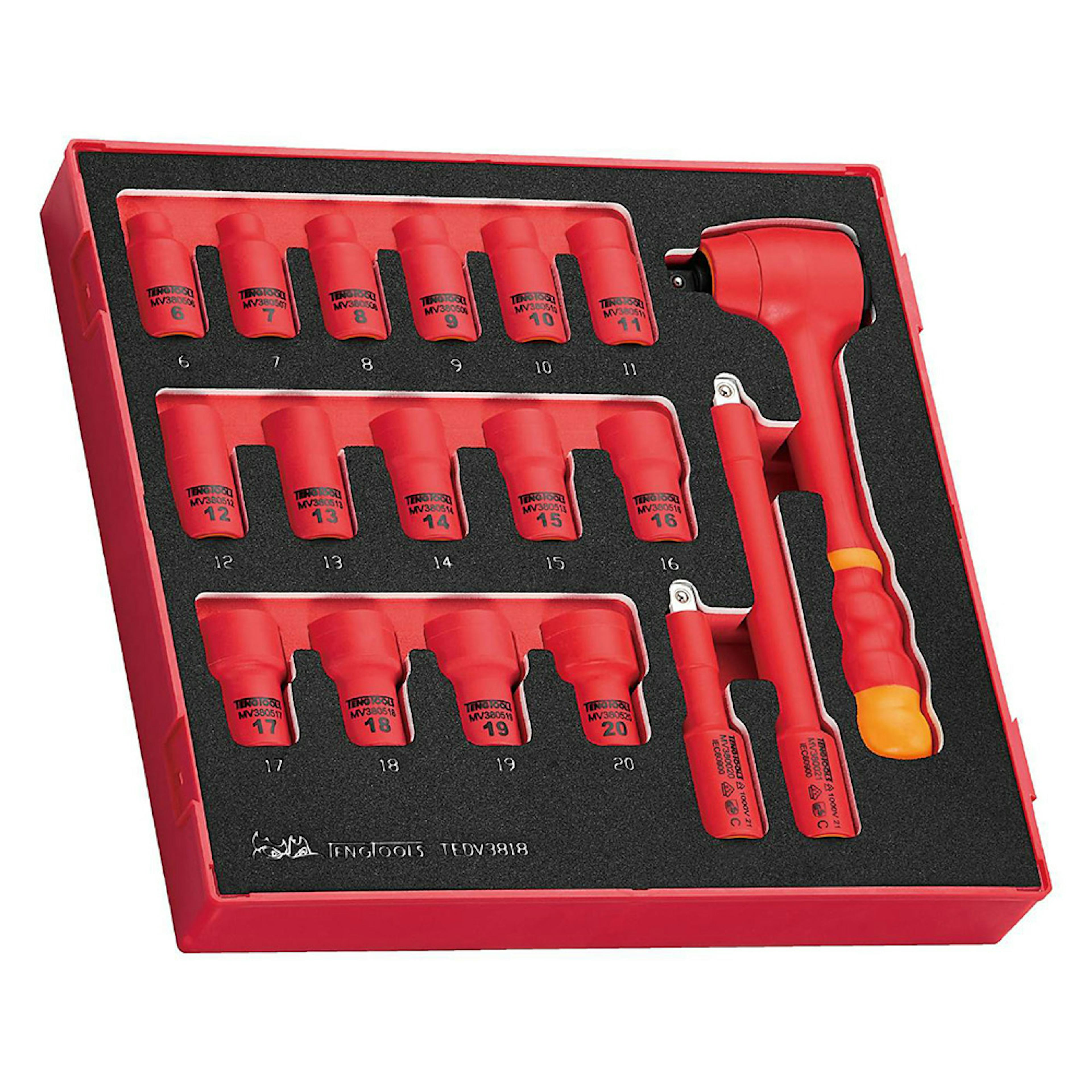 Hylsnyckelsats Teng Tools Med 3/8 Tum Fyrkantsfäste TEDV3818 1000 V 18-Delar