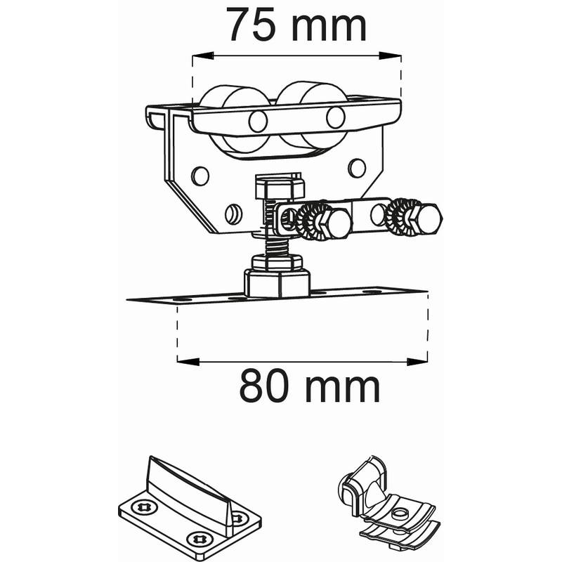 Beslagssats Habo SF-75  Komplett Hjultsats för Skjutdörrsskena SF-75