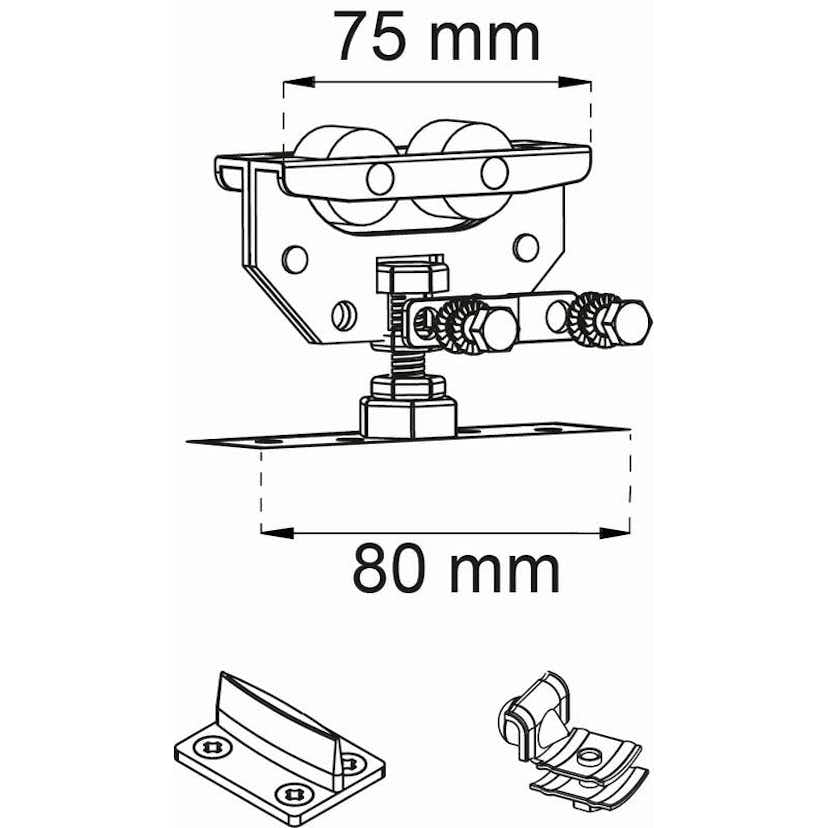 Beslagssats Habo SF-75 Komplett Hjultsats för Skjutdörrsskena SF-75