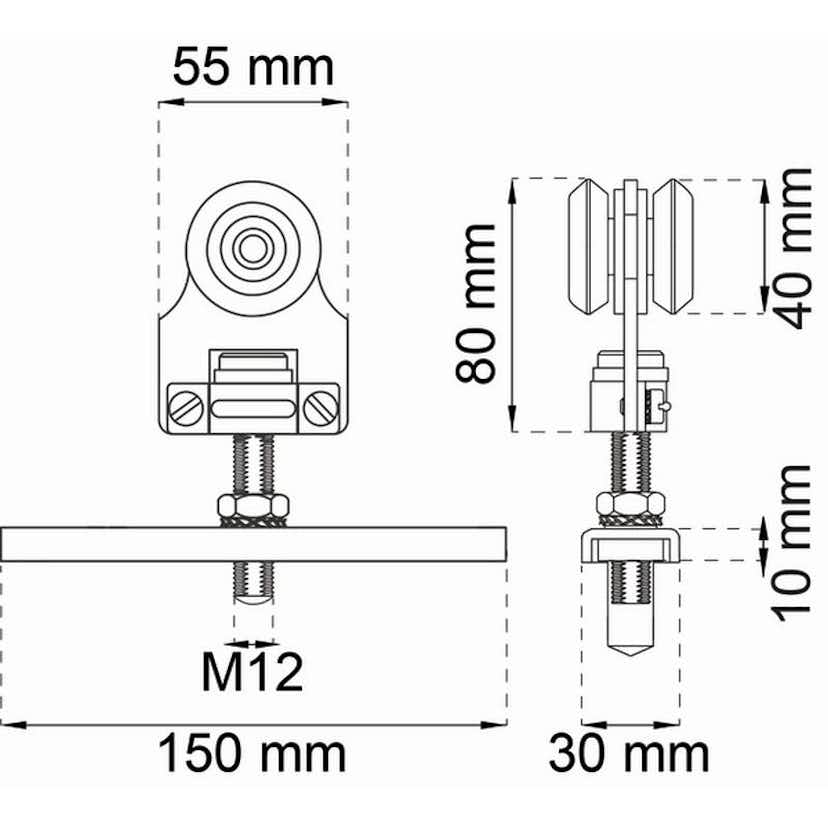 Beslagssats Habo SF-150 Komplett Hjultsats för Skjutdörrsskena SF-150