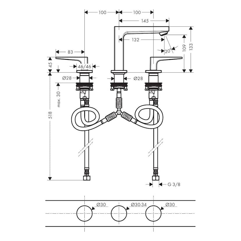 Tvättställsblandare Hansgrohe Metropol 110 3-håls