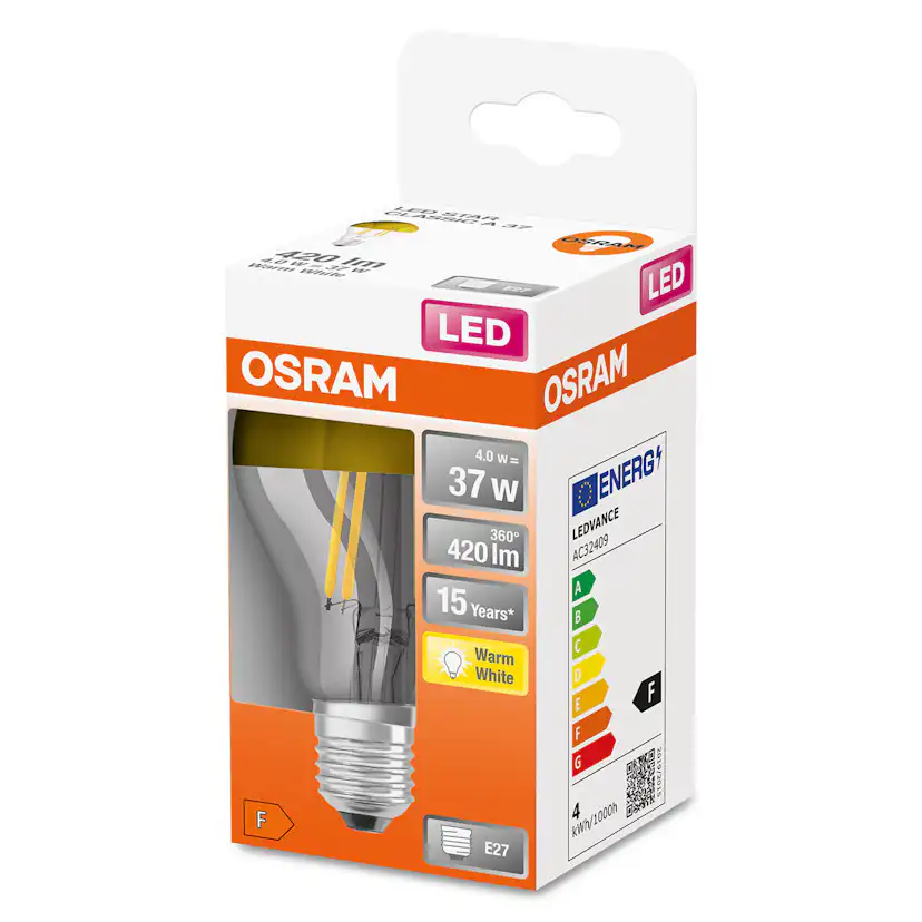 LED-Lampa Osram Normal (37) E27 Guld 827 Toppförsp Cl A