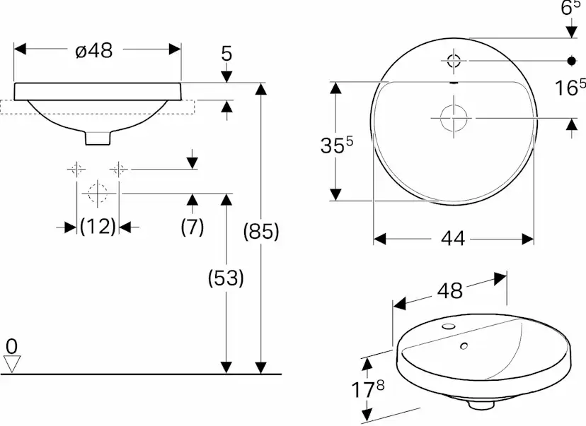 Tvättställ Geberit Variform 480 mm Infälld Runt Kanthylla