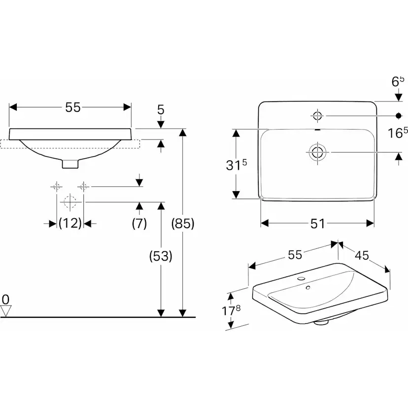 Tvättställ Geberit Variform 550 mm Infälld Rektangulärt Kanthylla