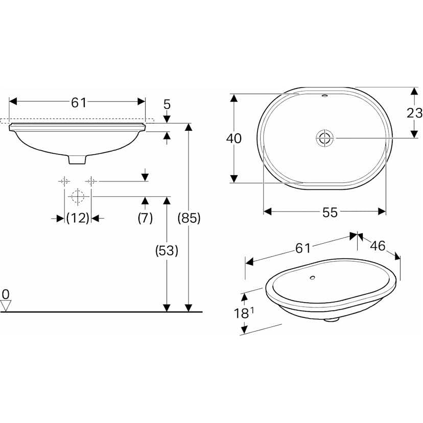 Tvättställ Geberit Variform 550 mm för underlimning Elliptiskt