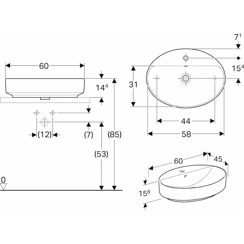 Tvättställ Geberit Variform 600 mm Lay-on Ovalt Kanthylla