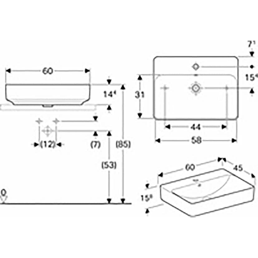 Tvättställ Geberit Variform 600 mm Lay-on Rektangulärt Kanthylla
