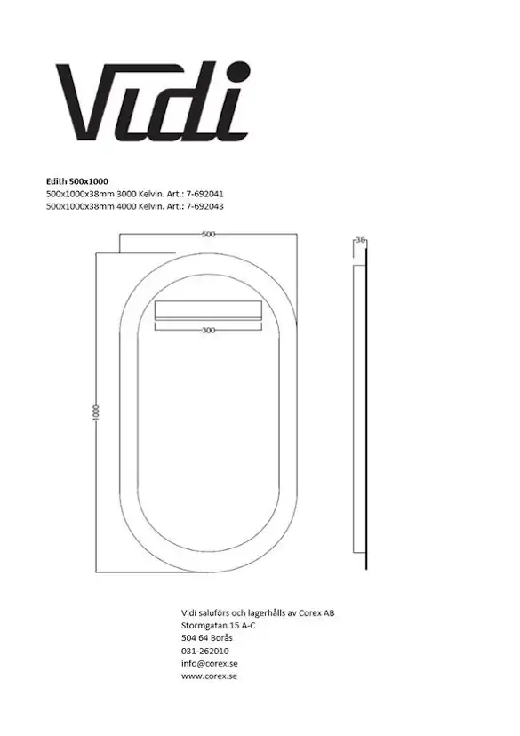 Spegel Vidi Edith 500x1000 mm med LED-belysning