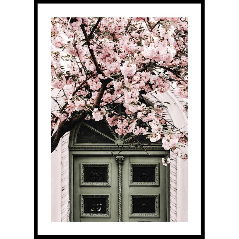Poster Gallerix Pink Flowers Green Door