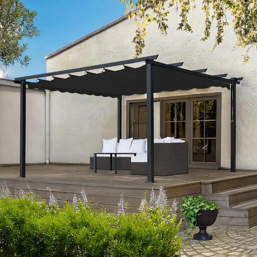 Pergola Skugga 4X4M Svart Ram Mörkgrått Tyg