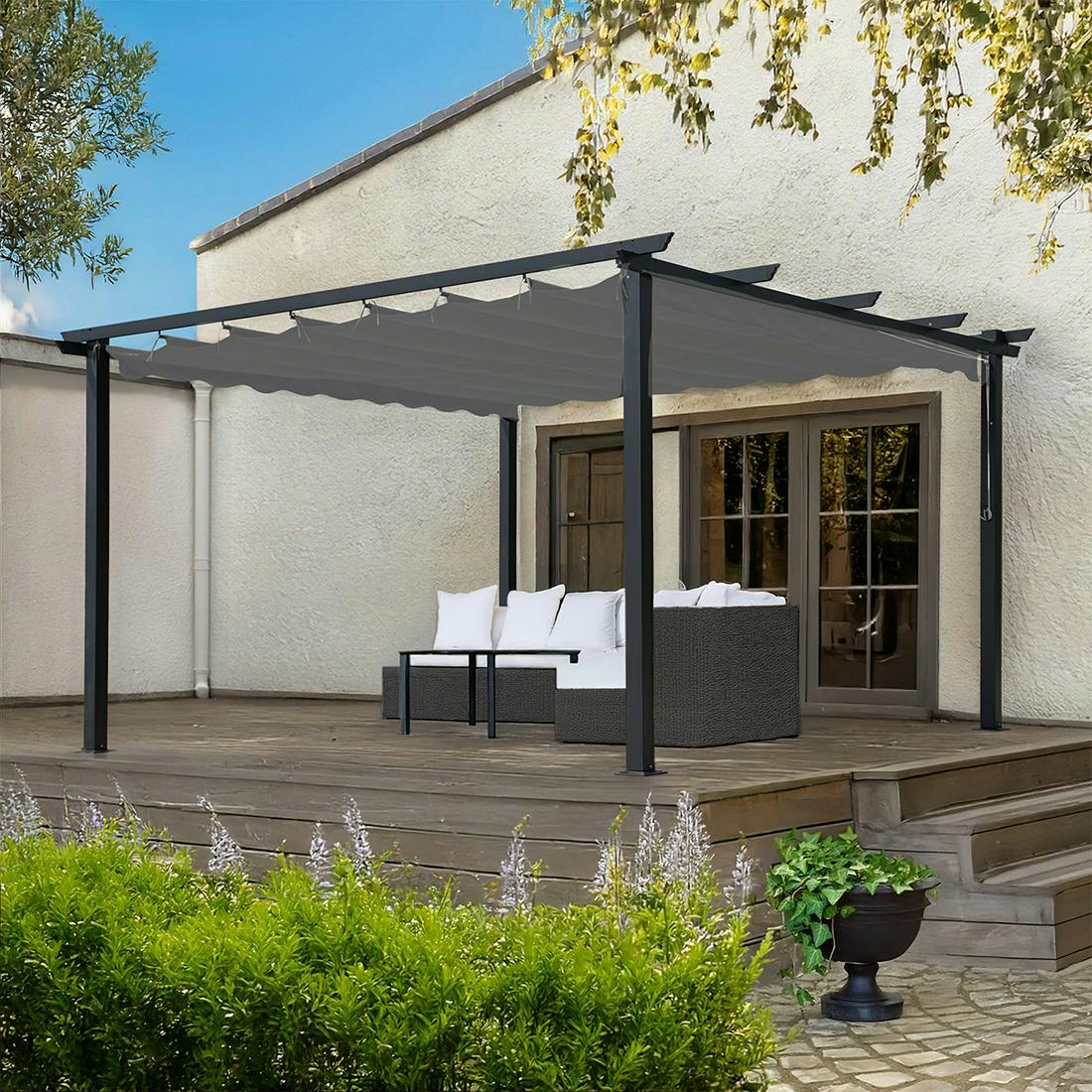 Pergola Skugga 3X4M Svart Ram Grått Tyg