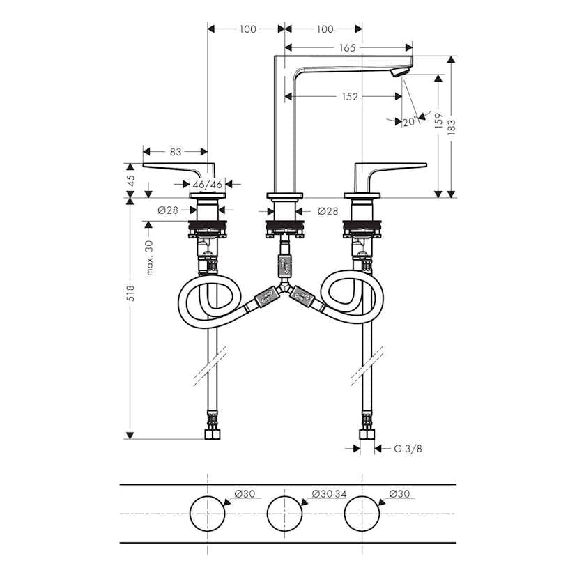 Tvättställsblandare Hansgrohe Metropol 160 3-håls med Bygelgrepp