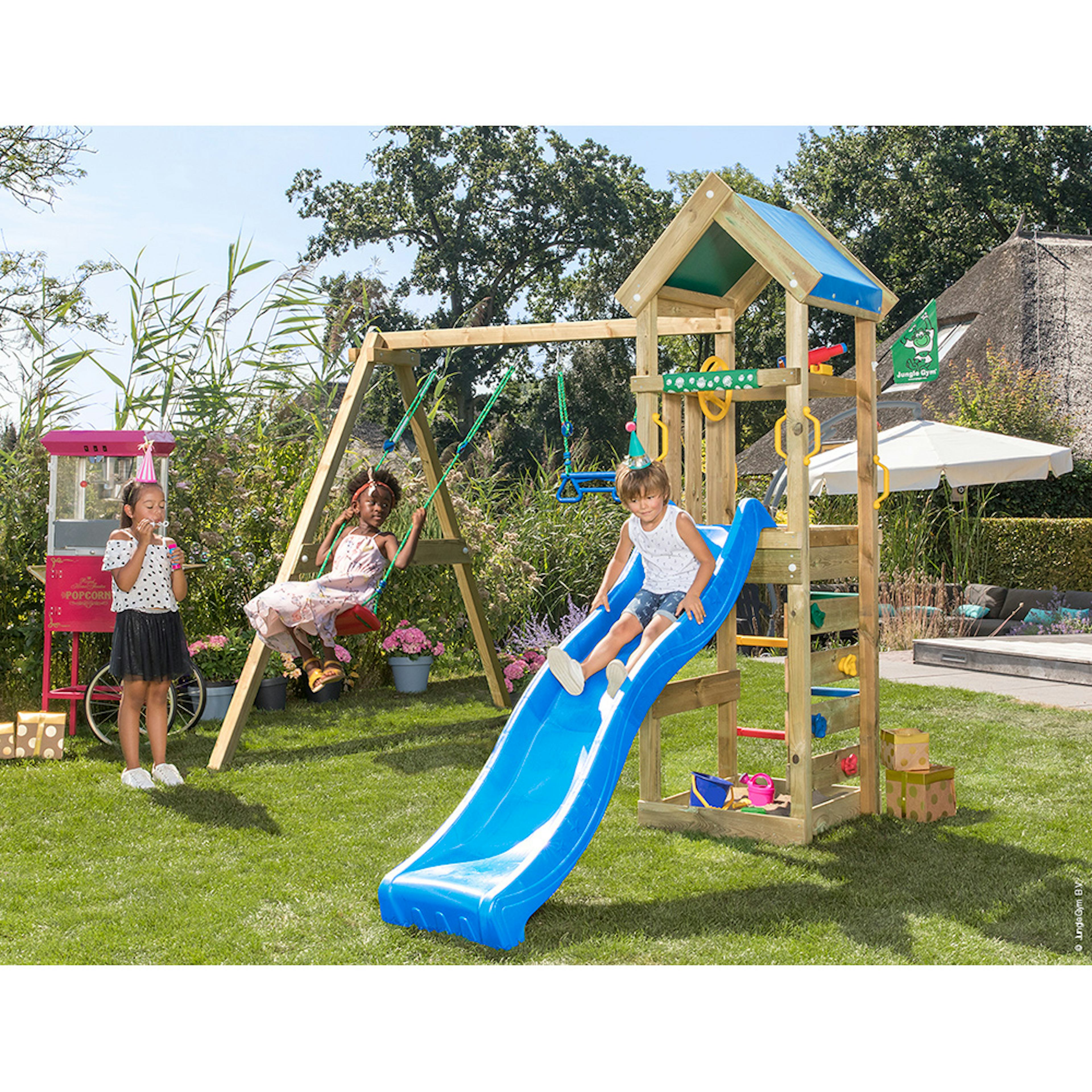 Gungställning Jungle Gym Patio Med 2 Gungor & Blå Rutschkana