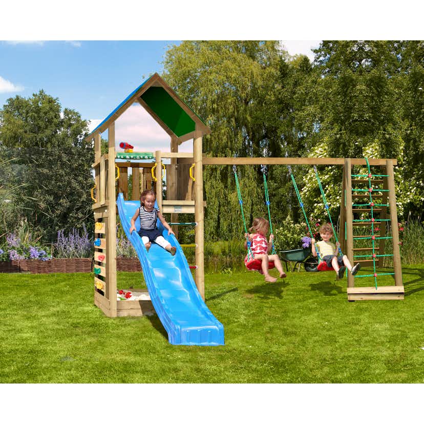 Lektorn Jungle Gym Lodge 2.1 m/2 Climb Modul Med Blå Rutschkana