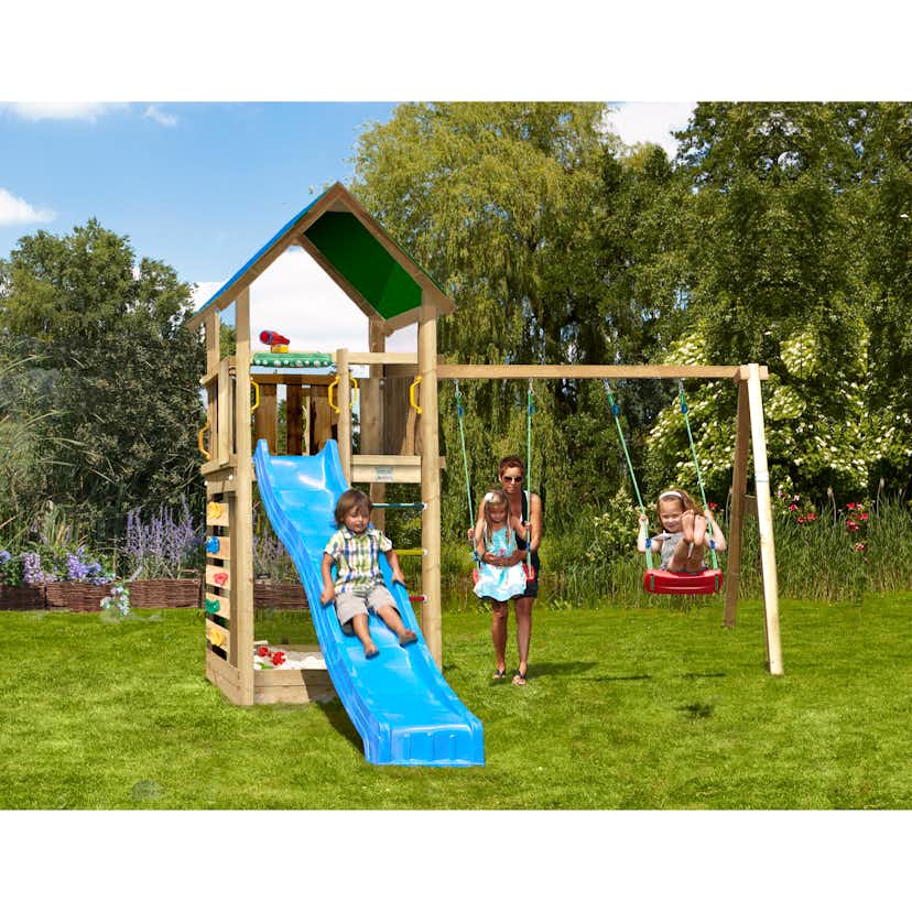 Lektorn Jungle Gym Lodge 2.1 m/2 Swing Modul Med Blå Rutschkana