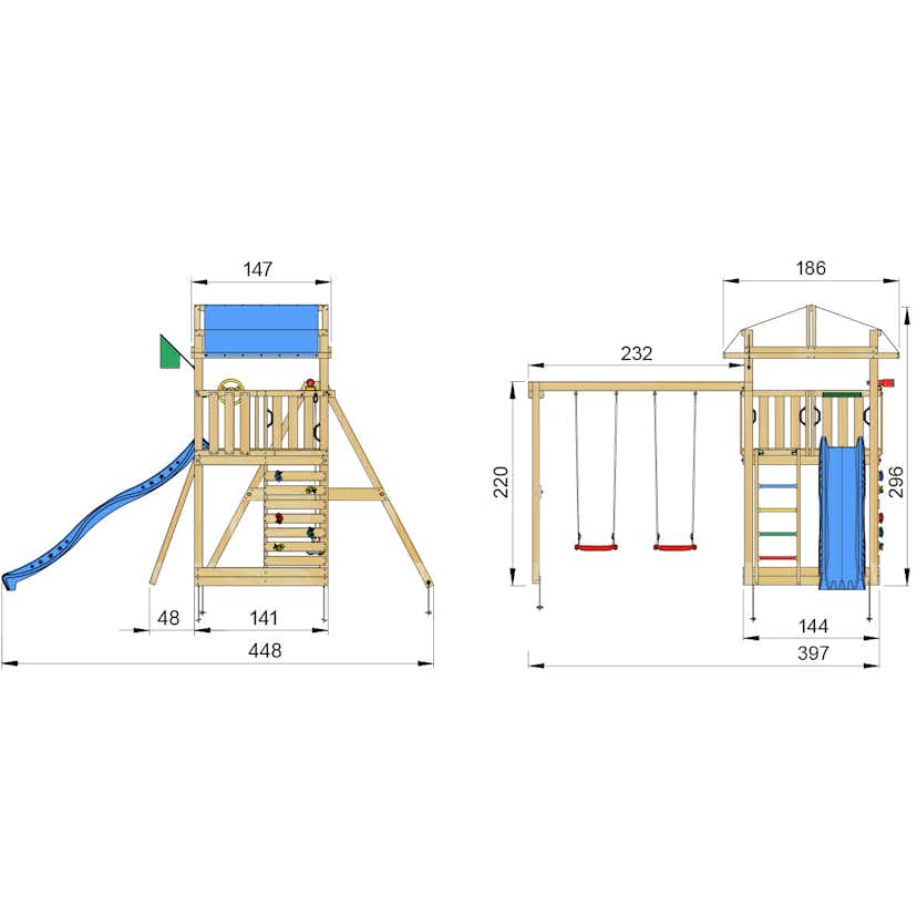 Lektorn Jungle Gym Fort 2.1 m/2 Swing Modul Med Blå Rutschkana