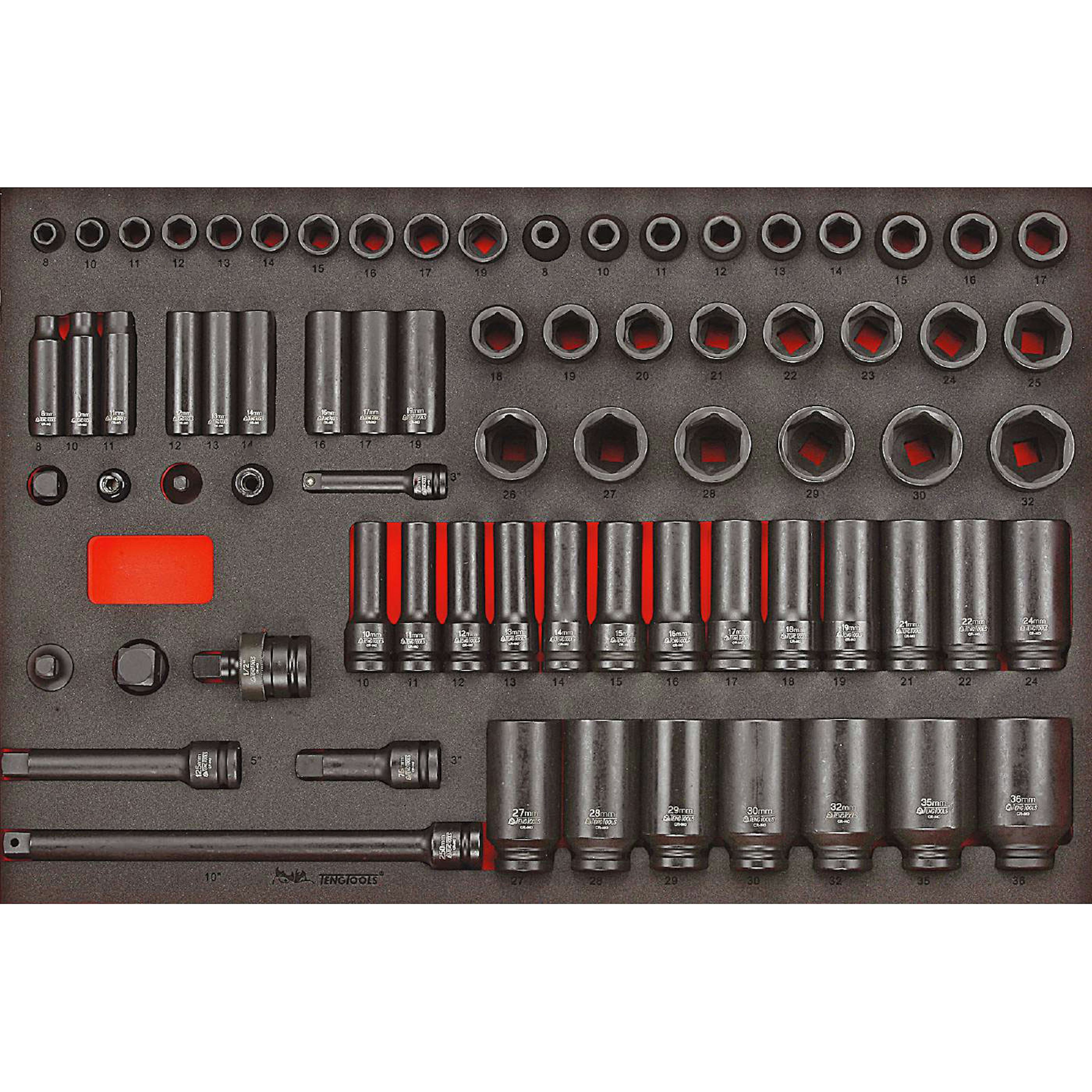 Krafthylssats 73 delar med 3/8 tum och 1/2 tumfyrkantsfäste Teng Tools TTEISK73