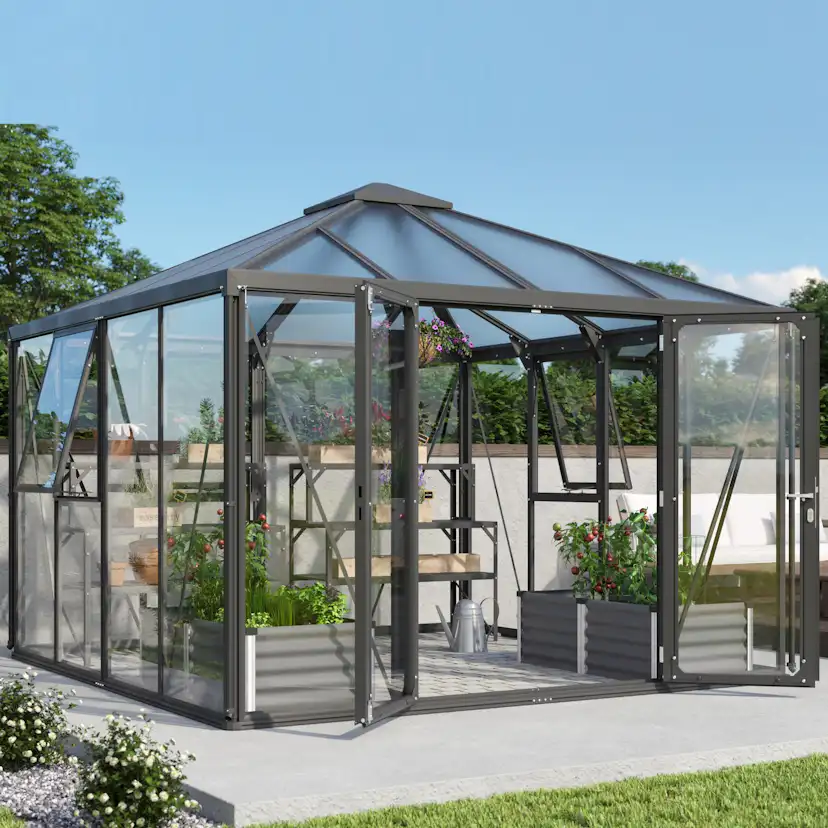 Växthus Vitavia Fortuna Svart Aluminiumstomme med UV-Skyddade Polykarbonatfönster & Härdat Glas, 10,2 m²