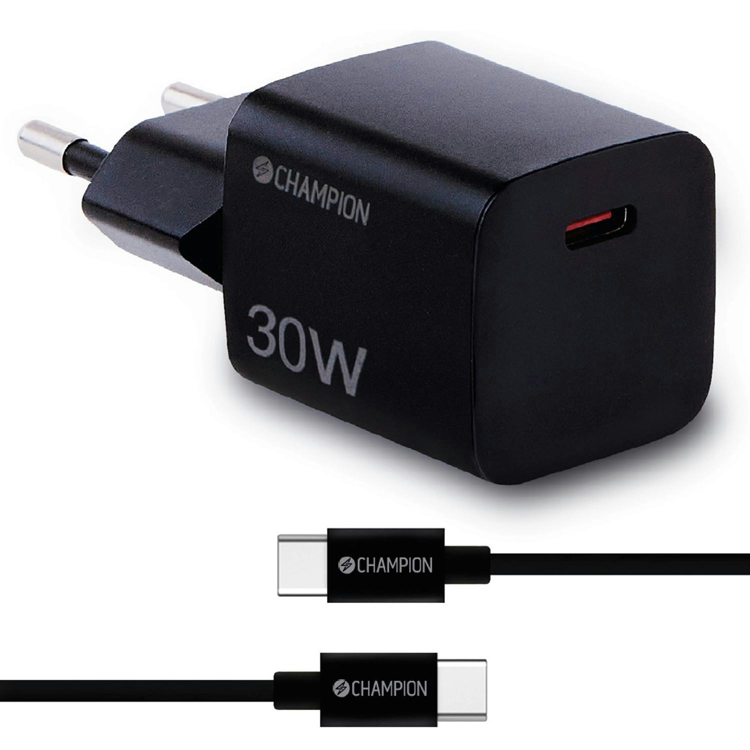 Laddare Champion 30W + USB-C Kabel Svart