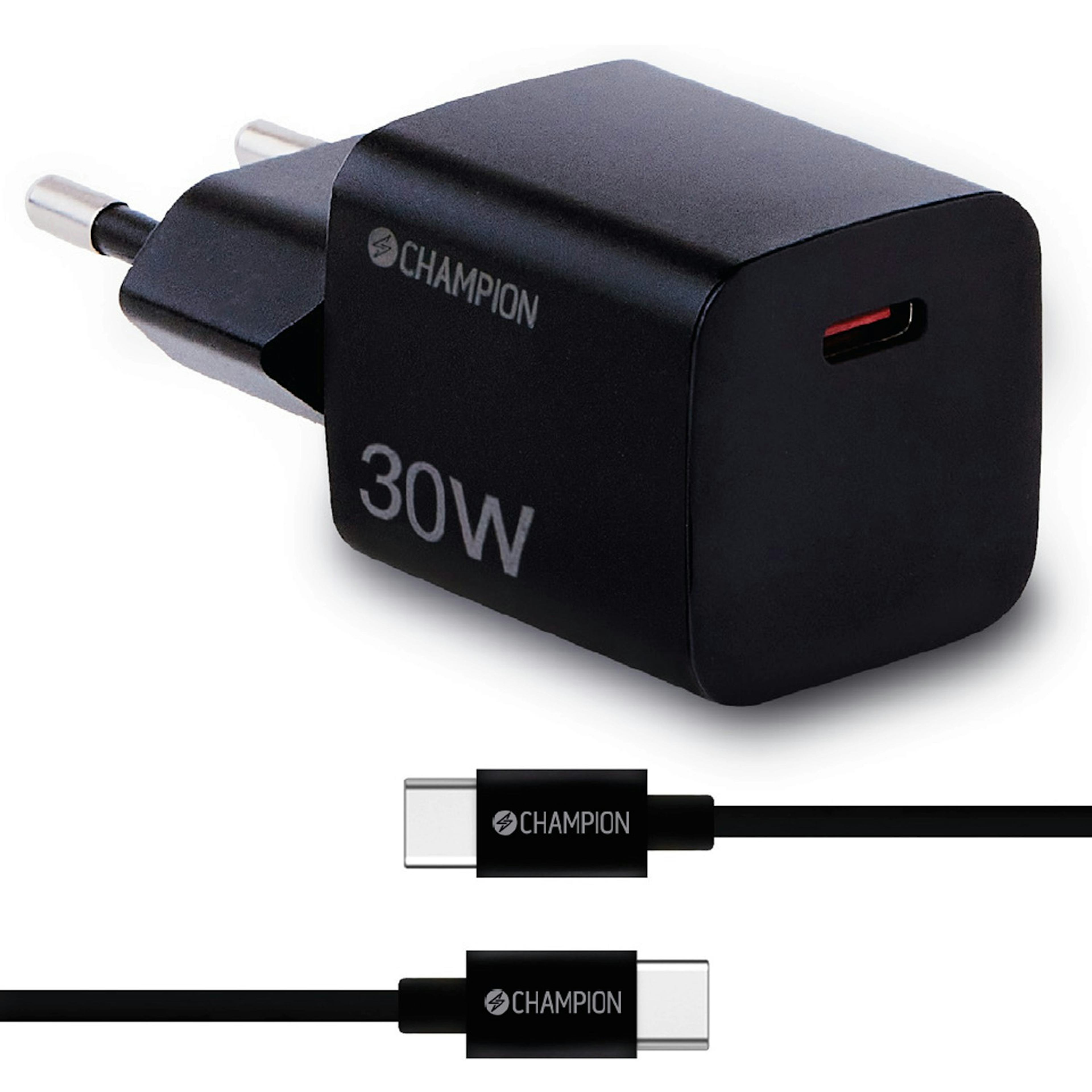 Laddare Champion 30W + USB-C Kabel Svart